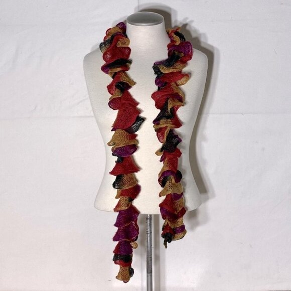 5/$25 Vintage Y2K Multicolour Ruffle Knit Skinny Fashion Scarf - Picture 6 of 7